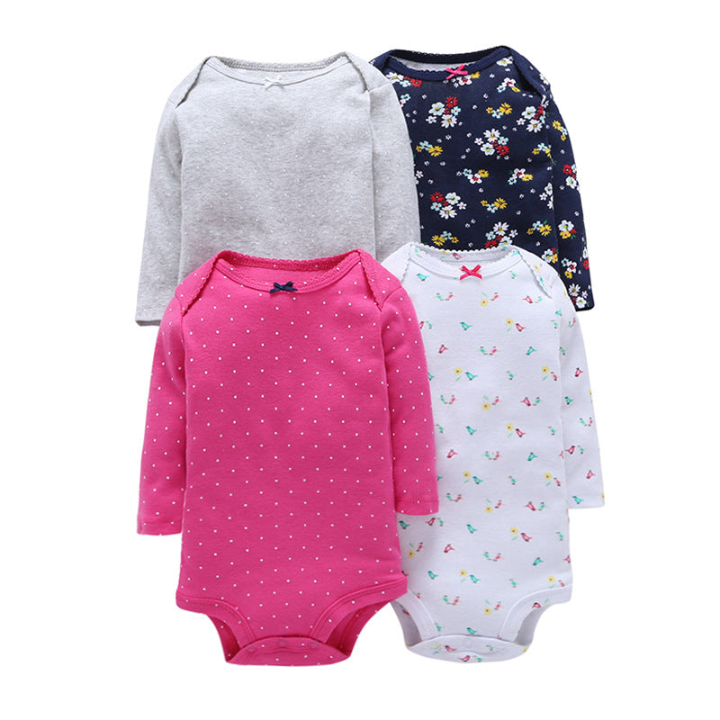 4pcs Baby Cute Cartoon Printed Long Sleeve Mixed Color Triangle Jumpsuit - PrettyKid