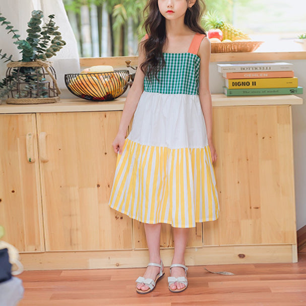 Big Girls Color Blocking Plaid Striped Cami Wholesale Kids Sleeveless Dress - PrettyKid