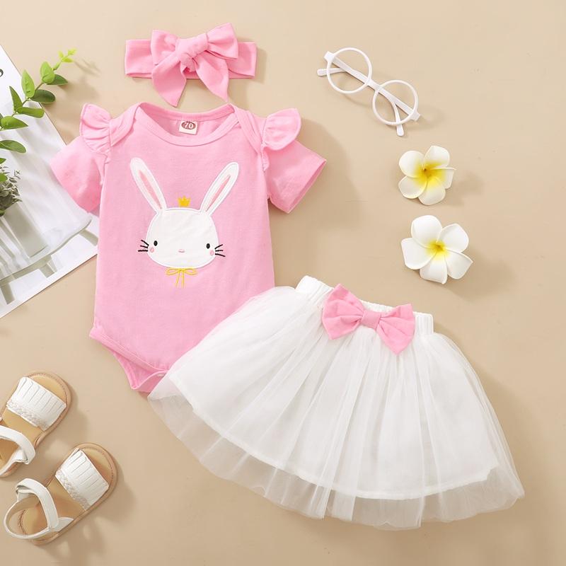 Baby Girl Rabbit Pattern Romper & Mesh Skirt & Bowknot Headband - PrettyKid