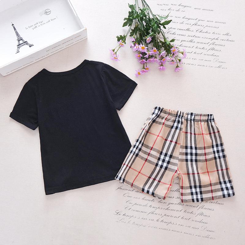 Classic Solid Short-sleeve Tee and Plaid Shorts Set Children's clothing wholesale - PrettyKid