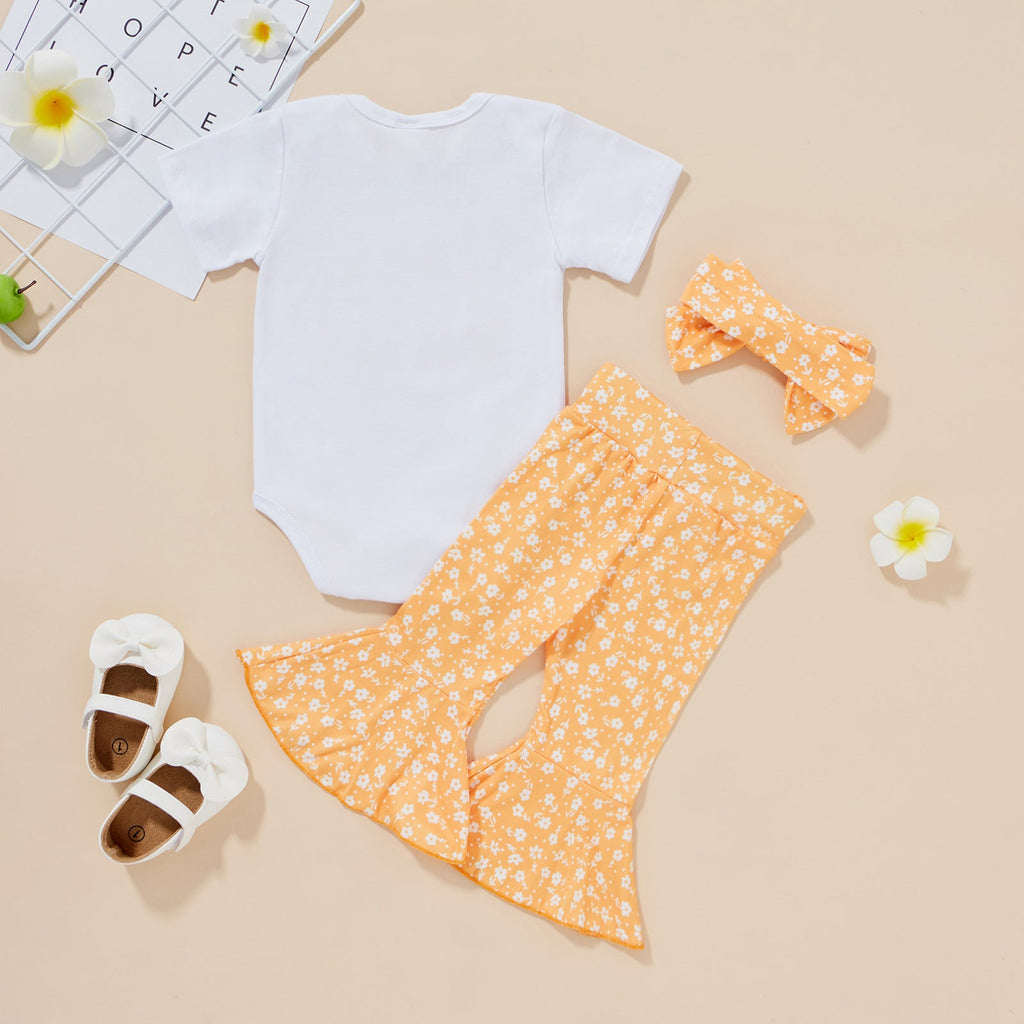 3-24months Baby Sets Openable Onesies & Flared Pants & Hair Accessory Three-Piece Suit Wholesale Baby Clothes - PrettyKid