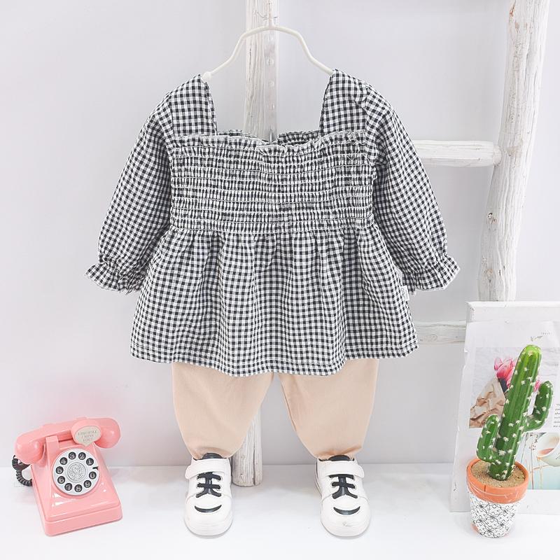 boy designer clothes wholesale Toddler Girl Plaid Square Collar Top & Pants - PrettyKid