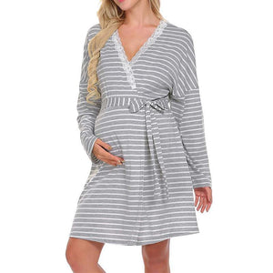 Striped Long-sleeve Maternity Nightgown Women's Clothing - PrettyKid