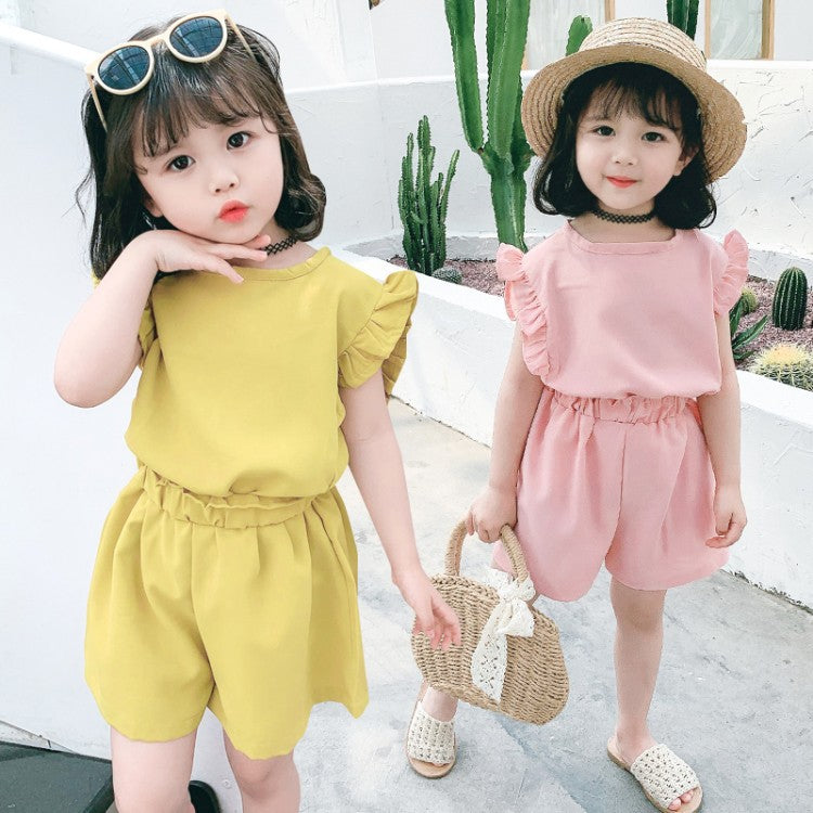 9M-6Y Solid Lotus Sleeveless One Piece Chiffon Tops And Shorts Two Sets Baby Wholesale Clothing - PrettyKid