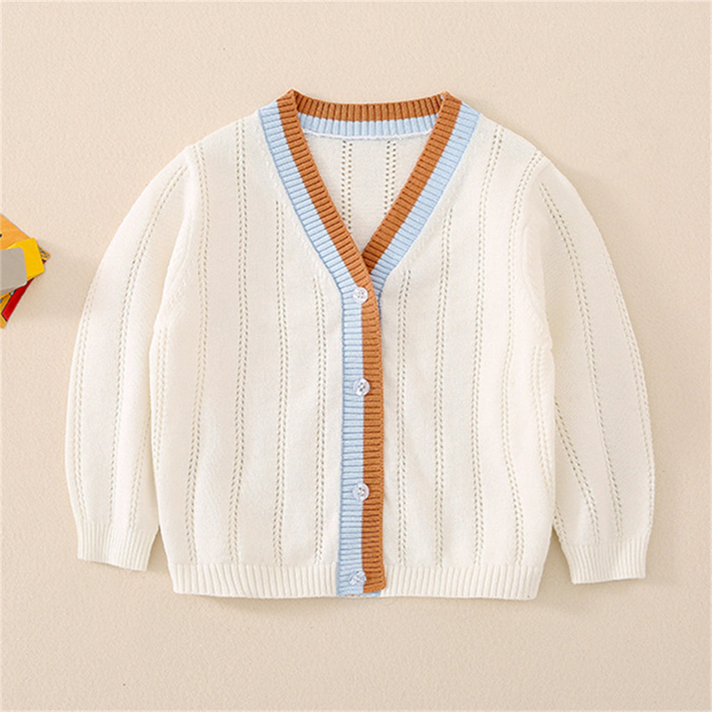 Wholesale Toddler Girl V-neck Thin Stripes Color-block Sweater Cardigan in Bulk - PrettyKid