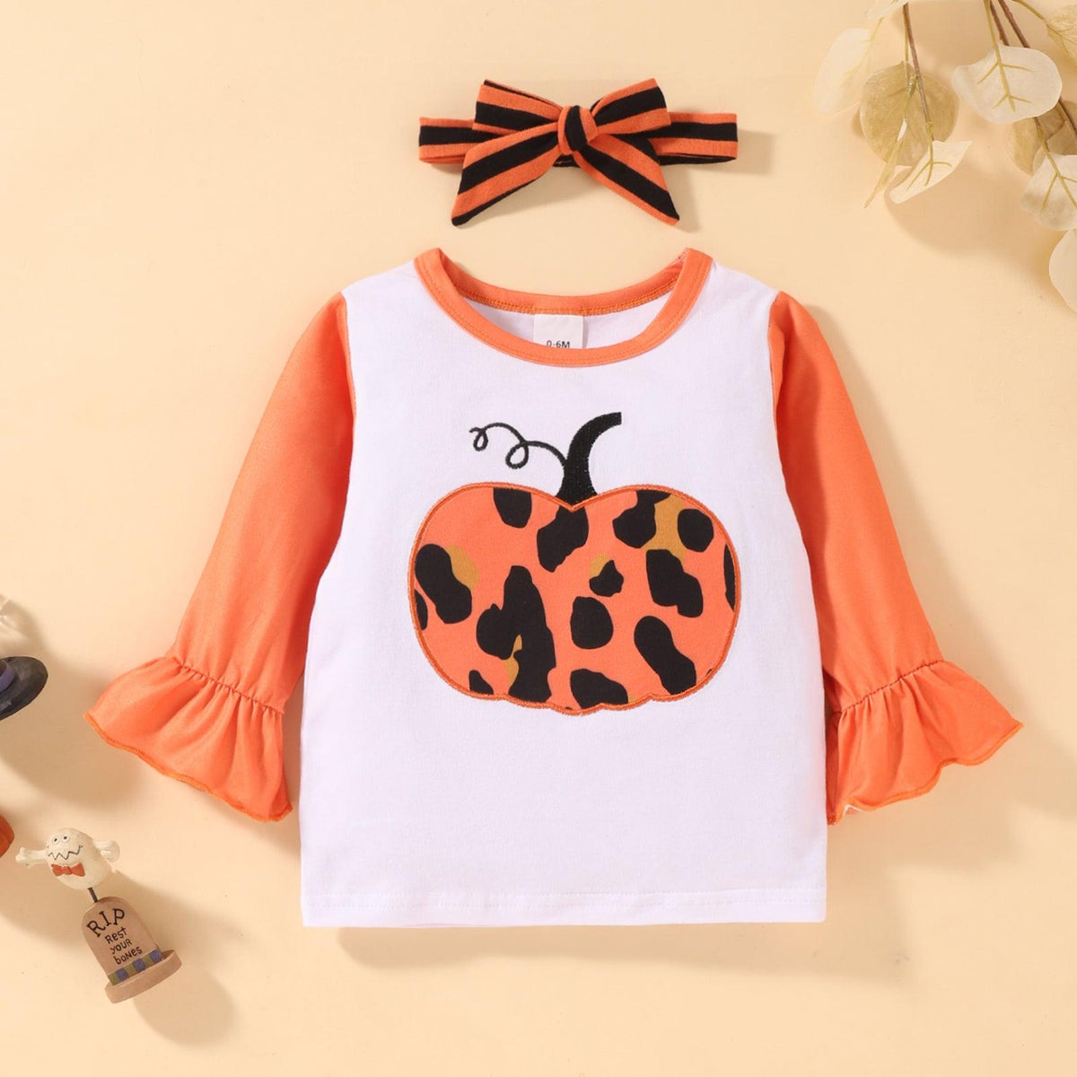 Toddler Girls Pumpkin Print Trumpet Long Sleeve Top Striped Pants Set - PrettyKid