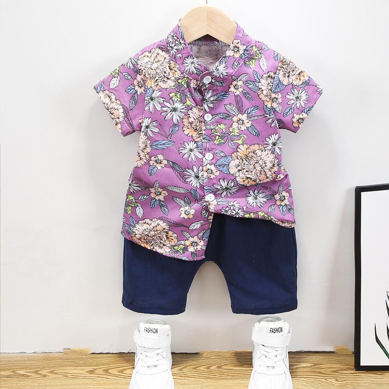 Boy Floral Print Shirt & Solid Color Shorts - PrettyKid