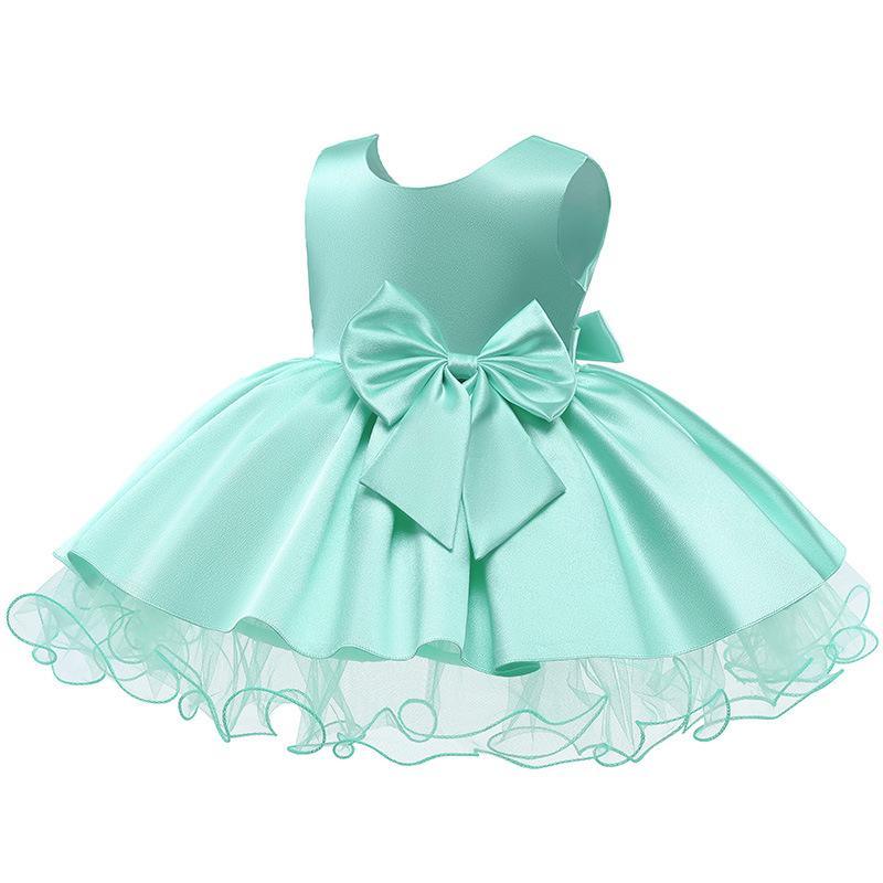 Baby Girl Solid Color Bow Decor Sleeveless Mesh Hem Formal Dress - PrettyKid