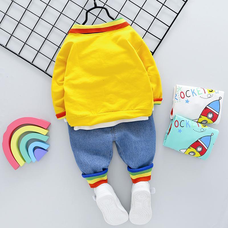 2-piece Fashion Cute Rockets Print Color-block Hoodies and Jeans - PrettyKid