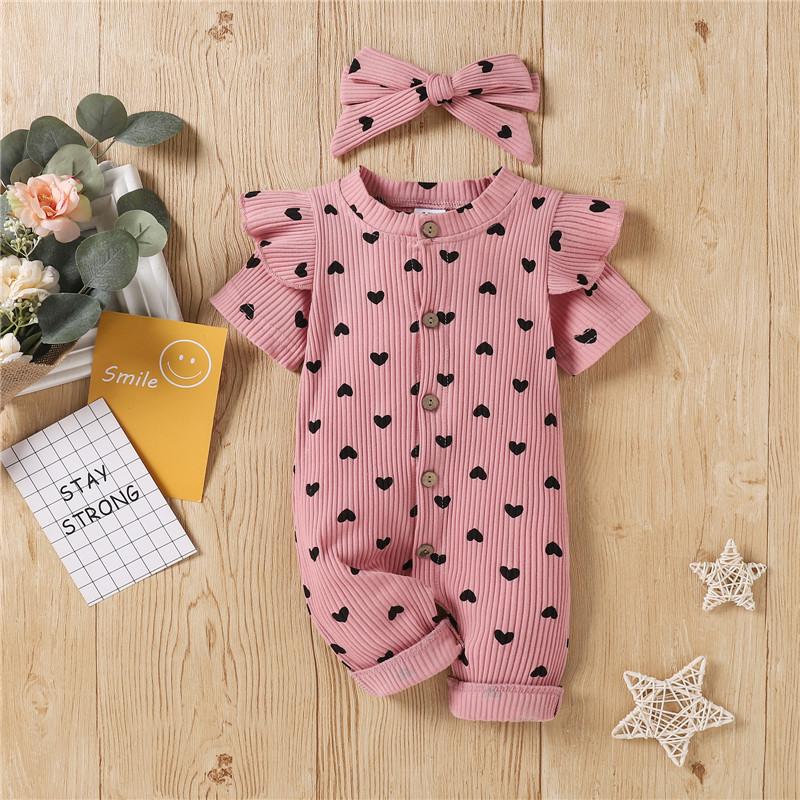 Baby Girl Heart-shaped Print Ribbed Jumpsuit & Headband Children's Clothing - PrettyKid