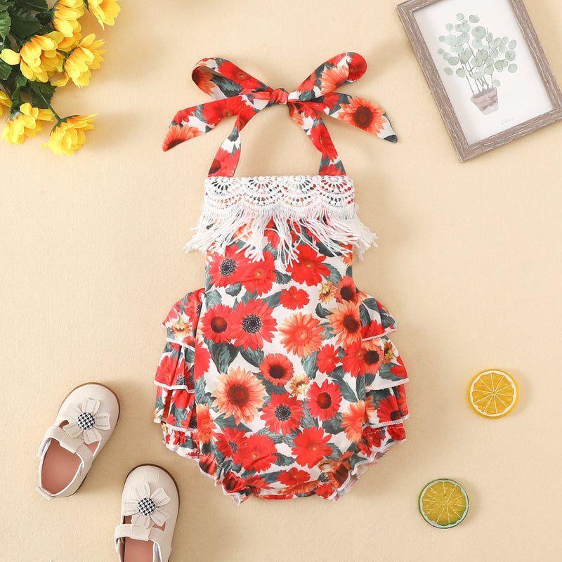 3-18M Sling Triangle Big Red Flower Tassel Stitching Baby Girl Jumpsuit Wholesale Baby Clothes - PrettyKid
