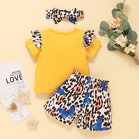 Baby Girl Leopard Print Fly-Sleeve Top And Shorts With Headband Two Piece Baby Sets - PrettyKid