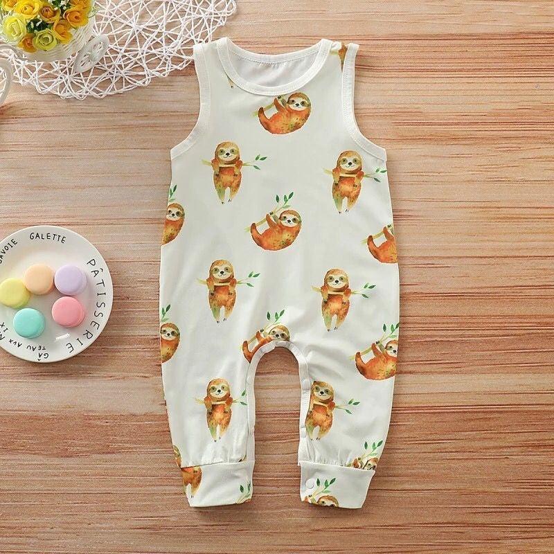 Baby Boy Cartoon Sloth Print Baby Sleeveless Jumpsuit - PrettyKid