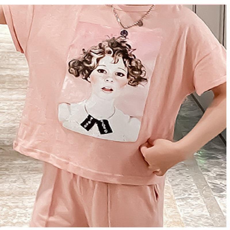 Girl Figure Pattern T-shirt & Solid Color Loose Pants Children's Clothing - PrettyKid