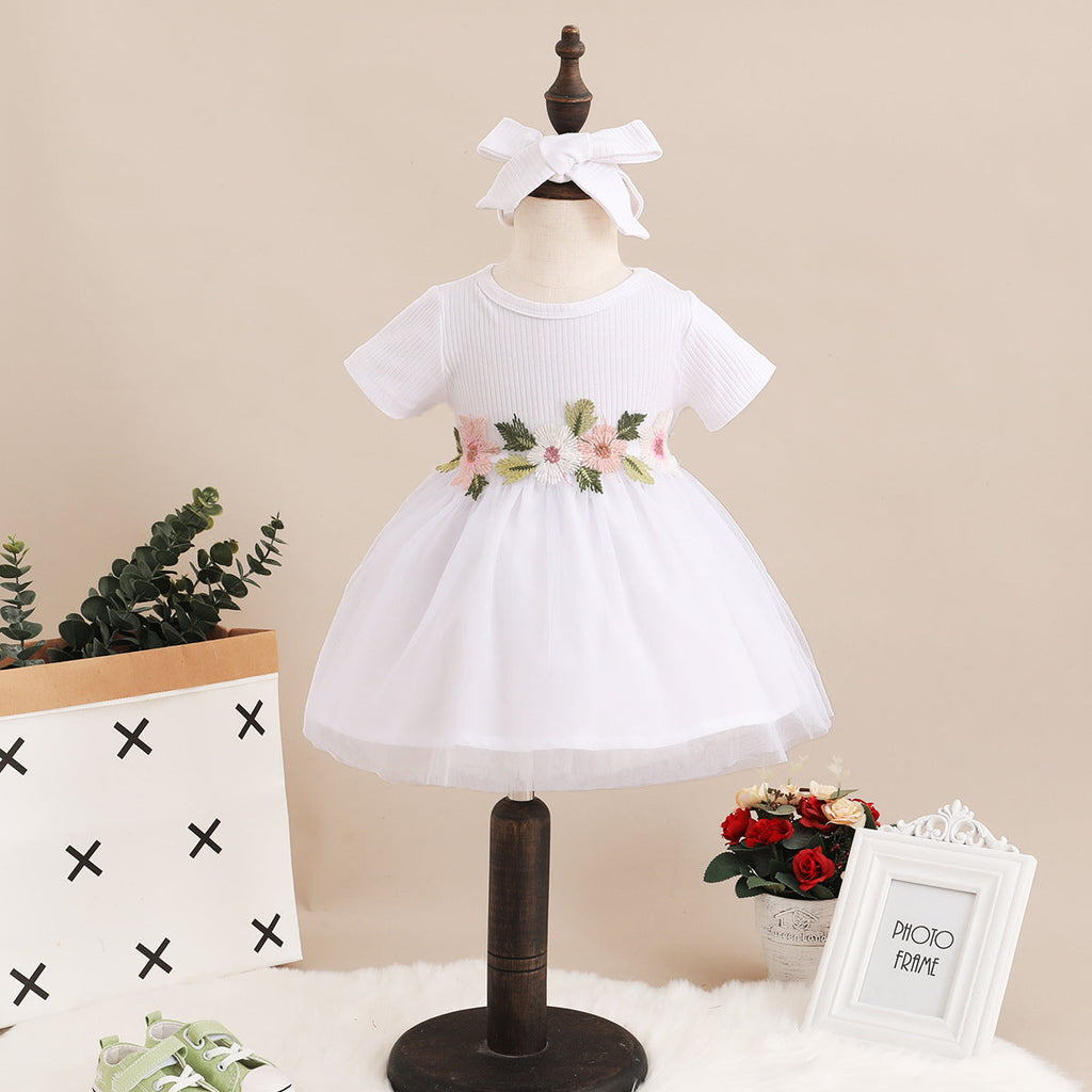 Baby Girl Floral Embroidered Mesh Ribbed Dress And Headband Baby Girl Tutu Dress - PrettyKid