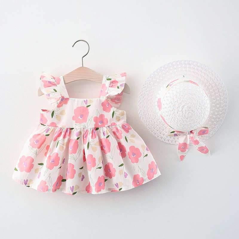 Baby Girl Floral Print Dress & Straw Hat - PrettyKid