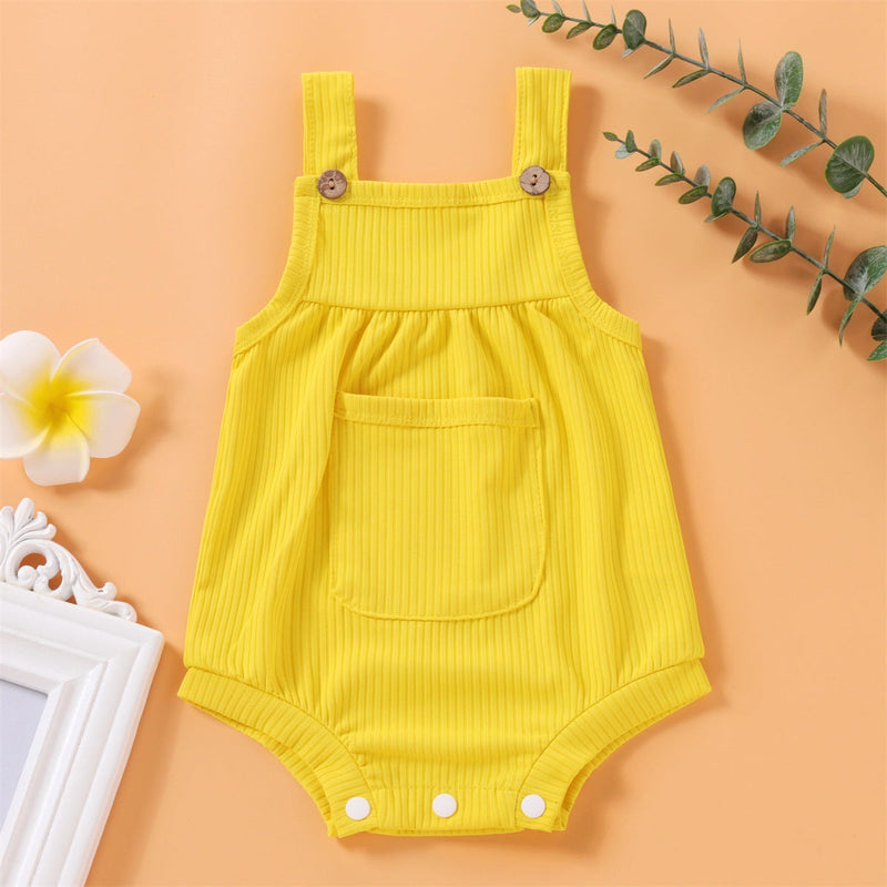 Baby Girl Solid Color Ribbed Suspender Bodysuit Baby One Piece Jumpsuit - PrettyKid