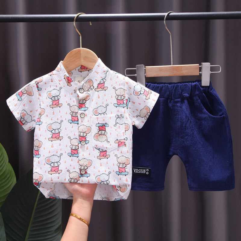 Boys And Girls Elephant Printing Shirt Solid Color Shorts Wholesale Toddler Clothing Sets - PrettyKid