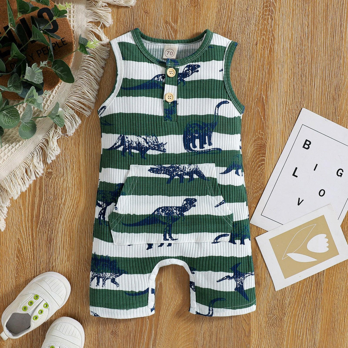 Baby Boy Sleeveless Dinosaur Print Bodysuit Baby One Piece Jumpsuit - PrettyKid