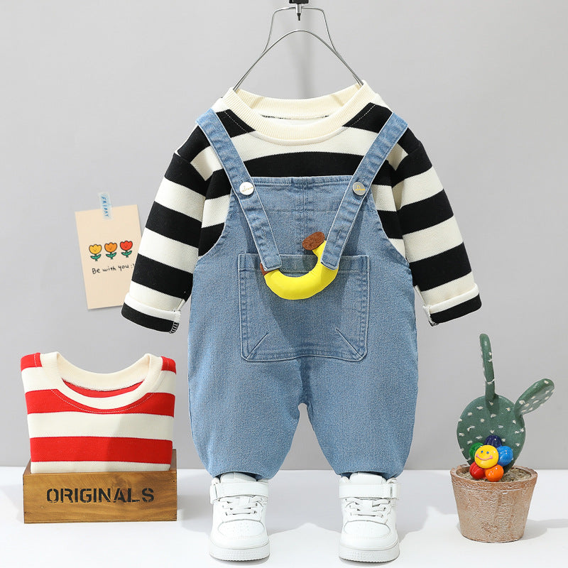 Baby Striped Tee And Denim Overalls Baby Outfit Sets - PrettyKid