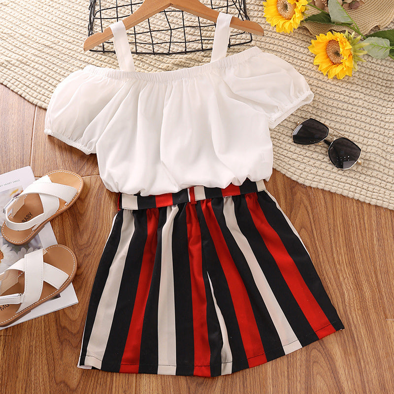 4-12Y Kid Girl Clothing Sets Cami Top And Striped Shorts Wholesale Kids Clothing - PrettyKid