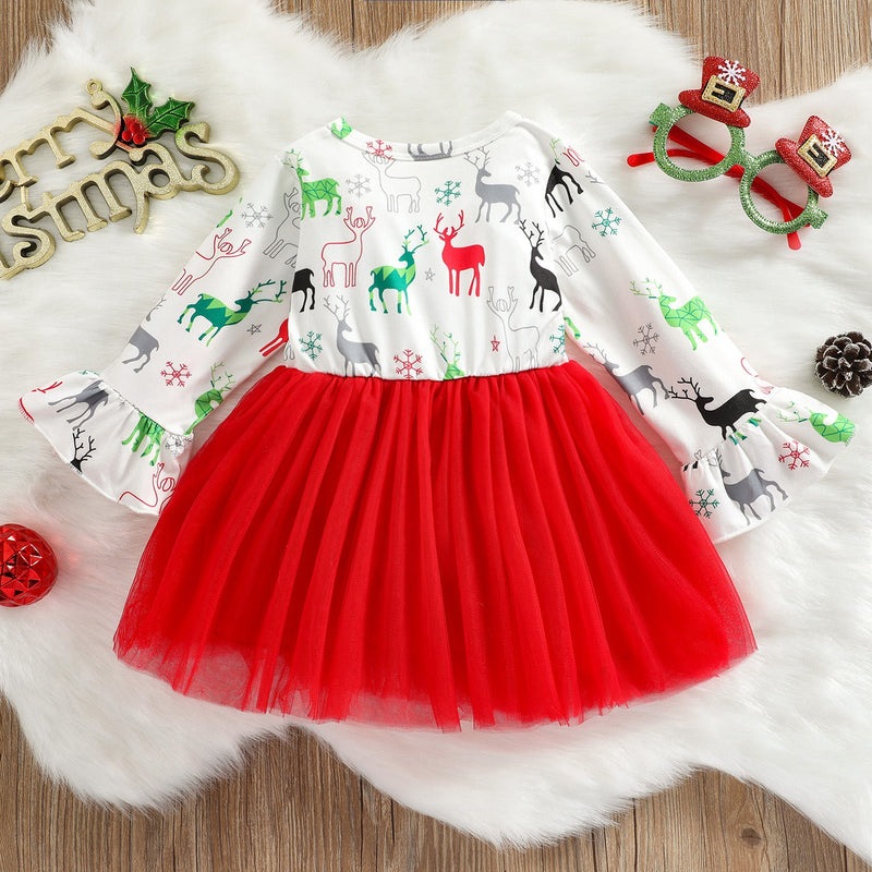 Christmas Trumpet Sleeve Elk Print Baby Girl Tutu Dress - PrettyKid