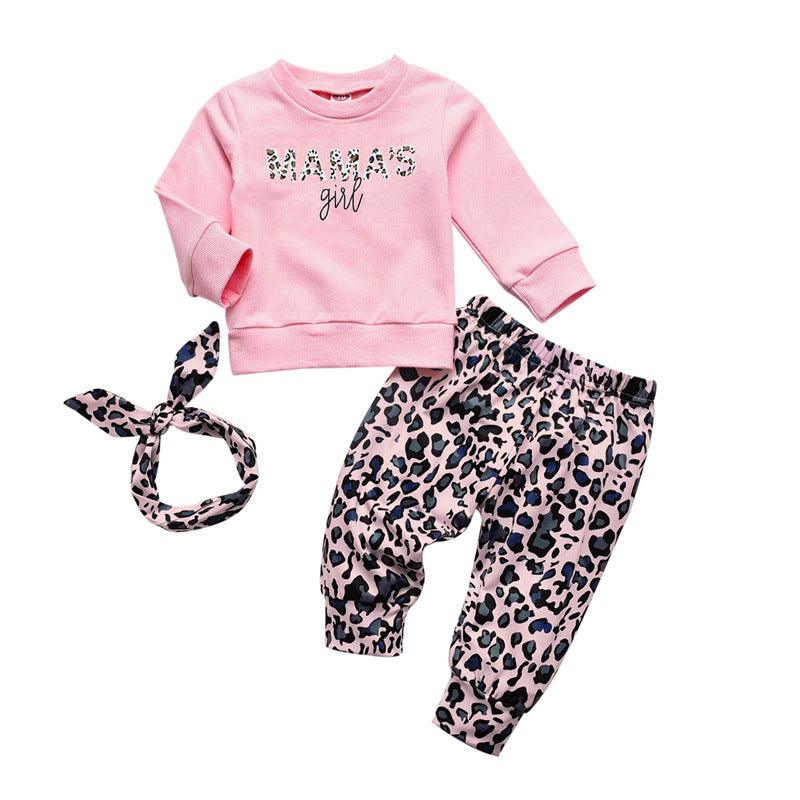 Baby Girl Letter Print Sweatshirt And Leopard Print Pants And Headband Baby Outfit Sets - PrettyKid