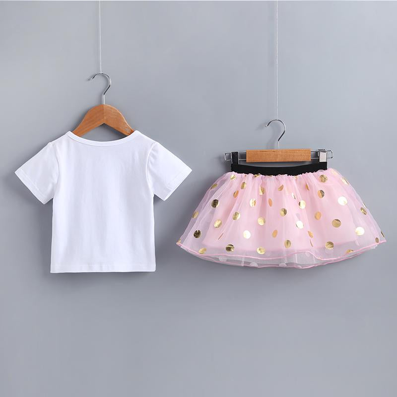 Baby Girls Cat Cartoon Print Top & Polka Dot Mesh Skirt - PrettyKid