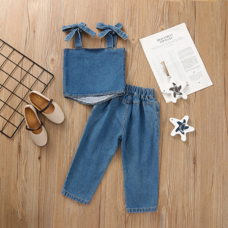 18months-6years Toddler Girl Sets Children's Clothing Summer Denim Ripped Jeans 2-Piece Set - PrettyKid