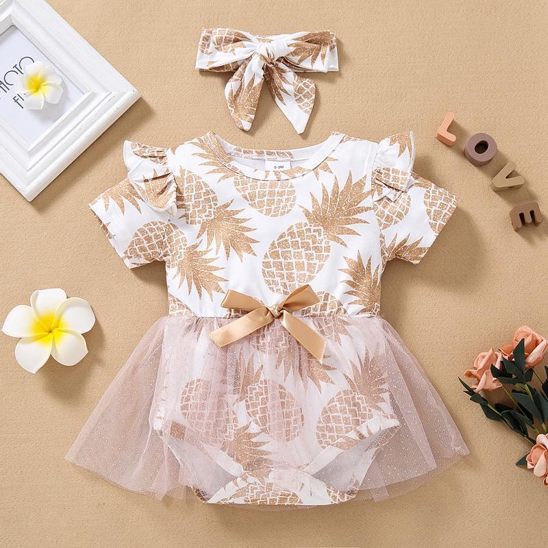 Baby Girl Bowknot Pineapple Mesh Hem Bodysuit - PrettyKid