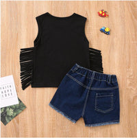 18M-6Y Toddler Girls Sets Independence Day Fringed Flower Tank Tops & Ripped Denim Shorts