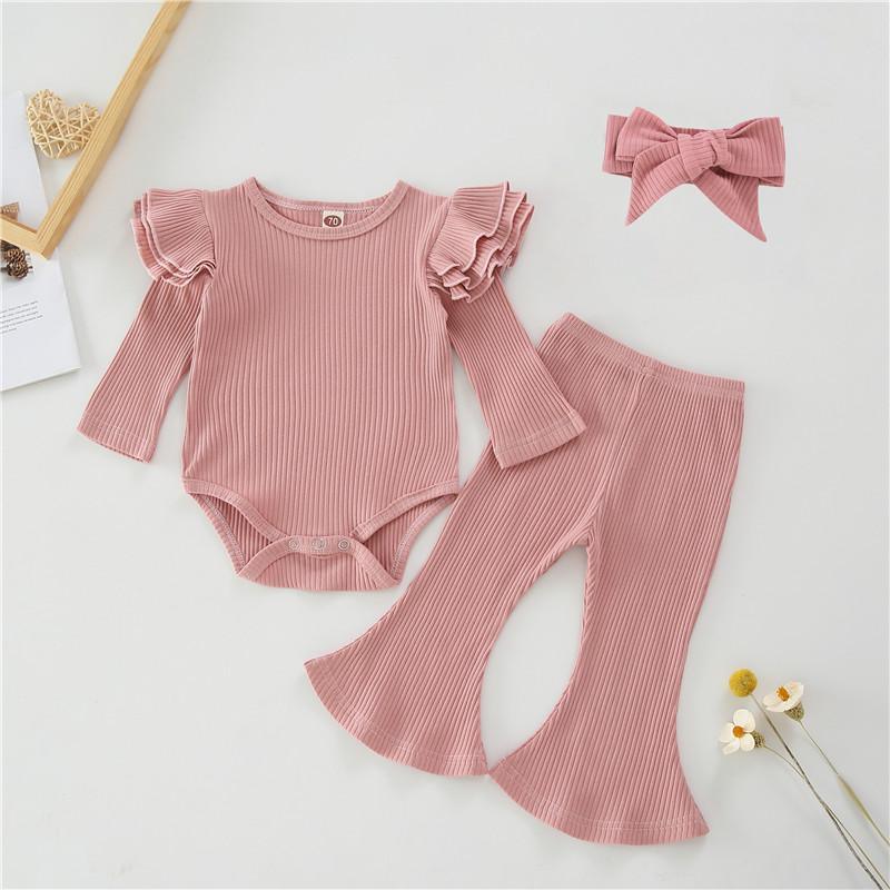 3-piece Solid Ruffle Bodysuit & Pants & Headband for Baby Girl Wholesale children's clothing - PrettyKid