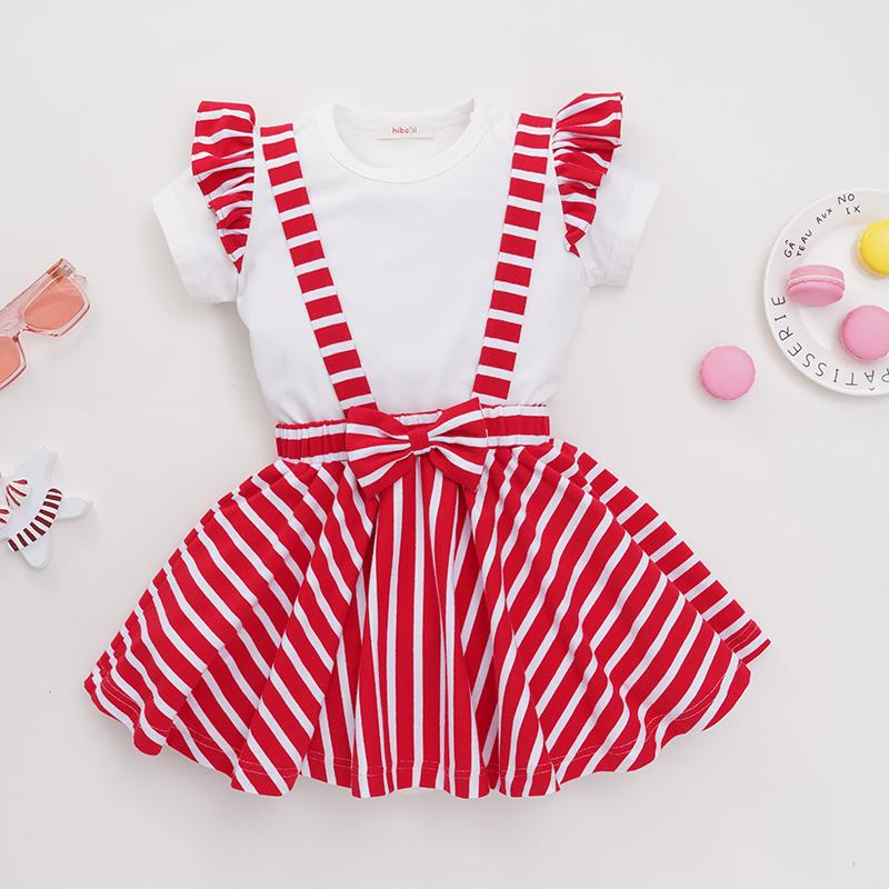 Toddler Girl Ruffle Sleeve Top & Striped Strap Dress - PrettyKid