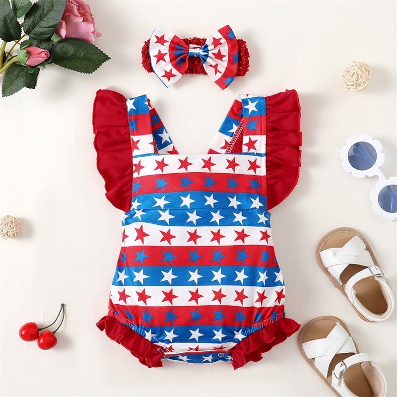 Baby Girl Independence Day Pentagram Print Striped Bodysuit & Headband - PrettyKid