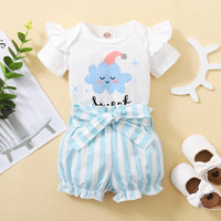 Baby Girl Cartoon Cloud Pattern Letter Print Bodysuit & Striped Shorts - PrettyKid