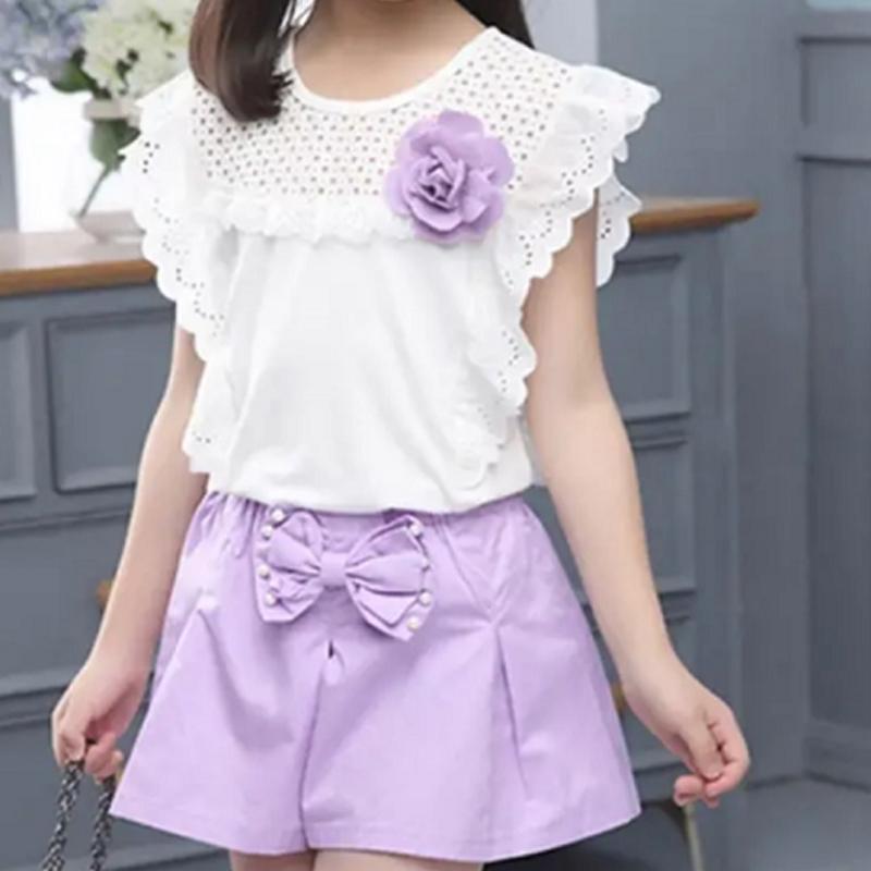 Grow Girl Lace Hollow Top & Bowknot Shorts - PrettyKid