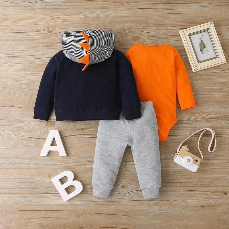 3-piece Solid Bodysuit & Hooded Striped Coat & Pants for Baby Boy - PrettyKid