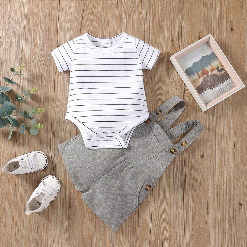 6-24M Baby Boys Outfits Sets Striped Bodysuit & Suspender Shorts Wholesale Baby Boutique Clothing - PrettyKid