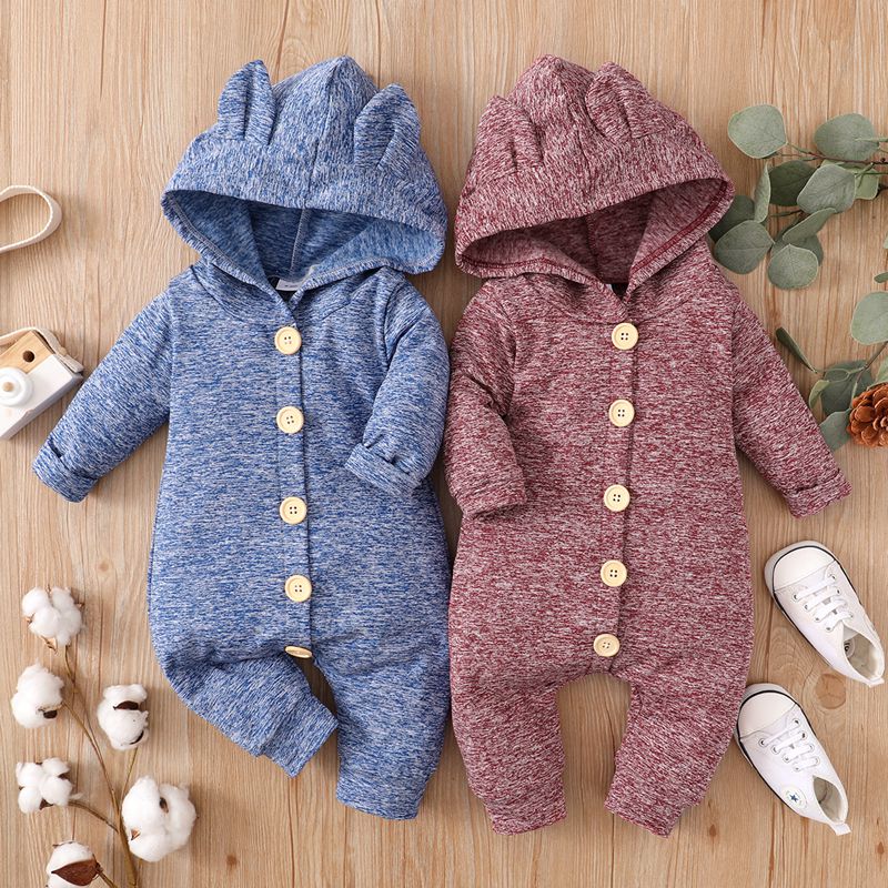 Baby Girl Casual Solid Rabbit-ear Long Sleeve Hooded Jumpsuit - PrettyKid