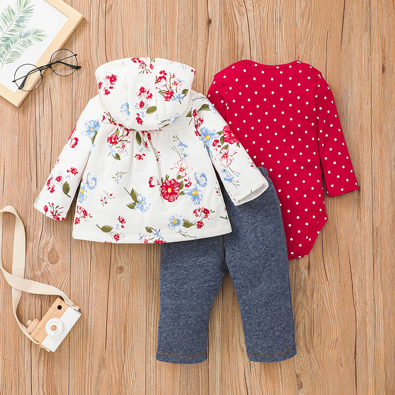 Baby Girl Long Sleeve Romper & Floral Hooded Coat & Pants - PrettyKid