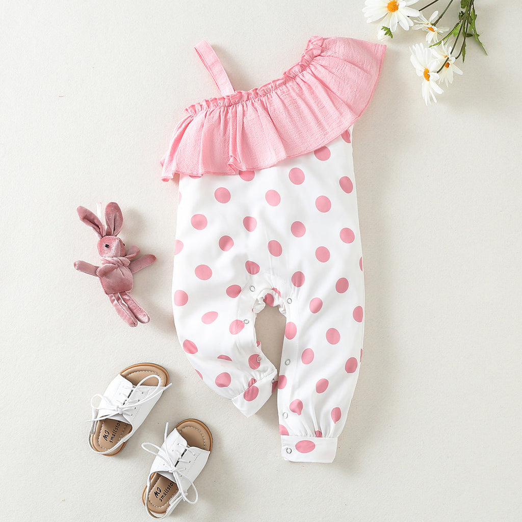3-24M Baby Girls Jumpsuit Polka Dots One Shoulder Ruffle Trim Wholesale Baby Clothes - PrettyKid
