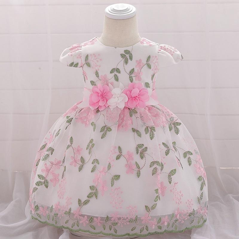 Baby Girl 3D Flower Decor Embroidered Floral Print Mesh Formal Dress - PrettyKid