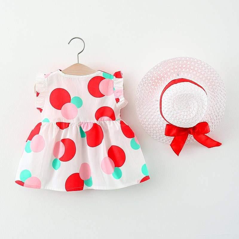 New Born Girl Color Big Dots Print Dress & Hat - PrettyKid