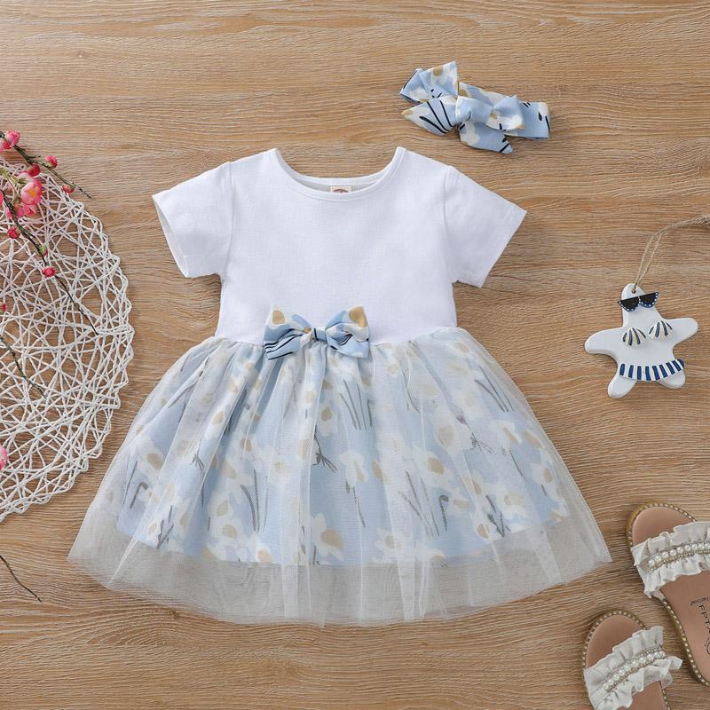 Baby Girl Bow Decor Tulle Hem Floral Dress & Headband - PrettyKid