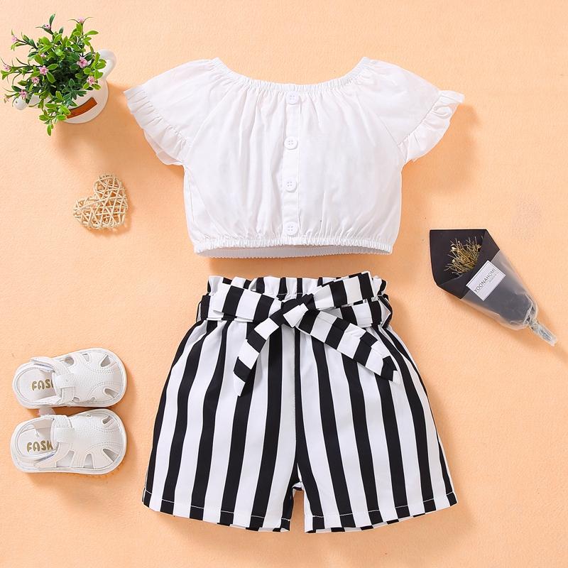 Toddler Girl Ruffle Armhole Top & Striped Shorts - PrettyKid