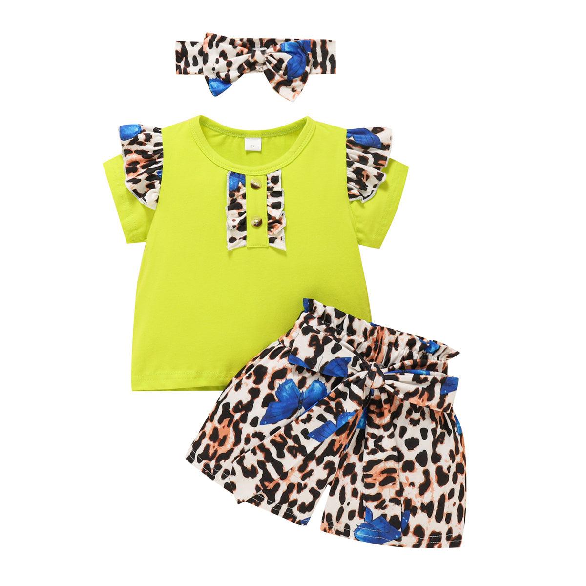 Baby Girl Leopard Print Fly-Sleeve Top And Shorts With Headband Two Piece Baby Sets - PrettyKid