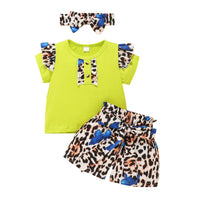 Baby Girl Leopard Print Fly-Sleeve Top And Shorts With Headband Two Piece Baby Sets - PrettyKid