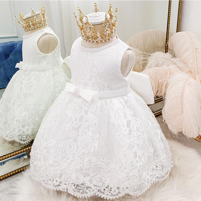 Toddler Girl Bow Decor Lace Braided Print Sleeveless Formal Dress - PrettyKid
