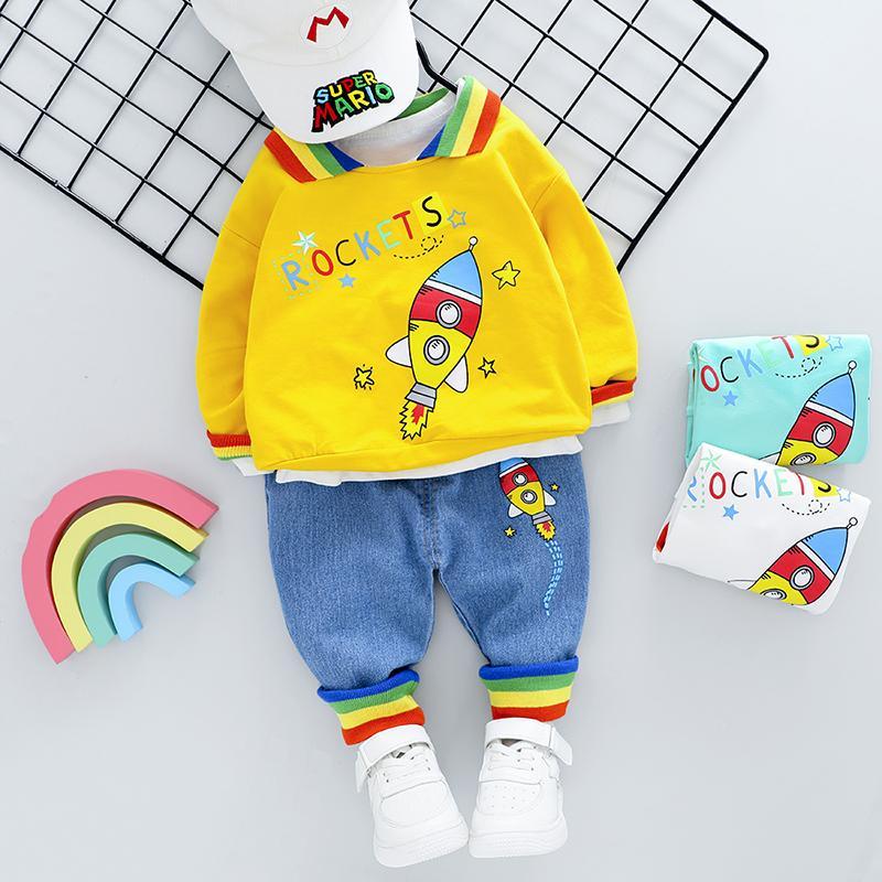 2-piece Fashion Cute Rockets Print Color-block Hoodies and Jeans - PrettyKid