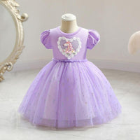 Girl Unicorn Pattern Puff Sleeve Mesh Hem Formal Dress - PrettyKid